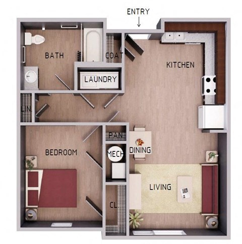 Floor plan for 1 bed, 1 bath, 660 sqft